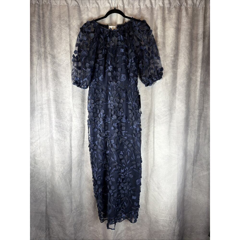 Maggy London Elegant Illusion Floral Mesh Embroidered Cocktail Dress Sz 6 Blue - Picture 2 of 9